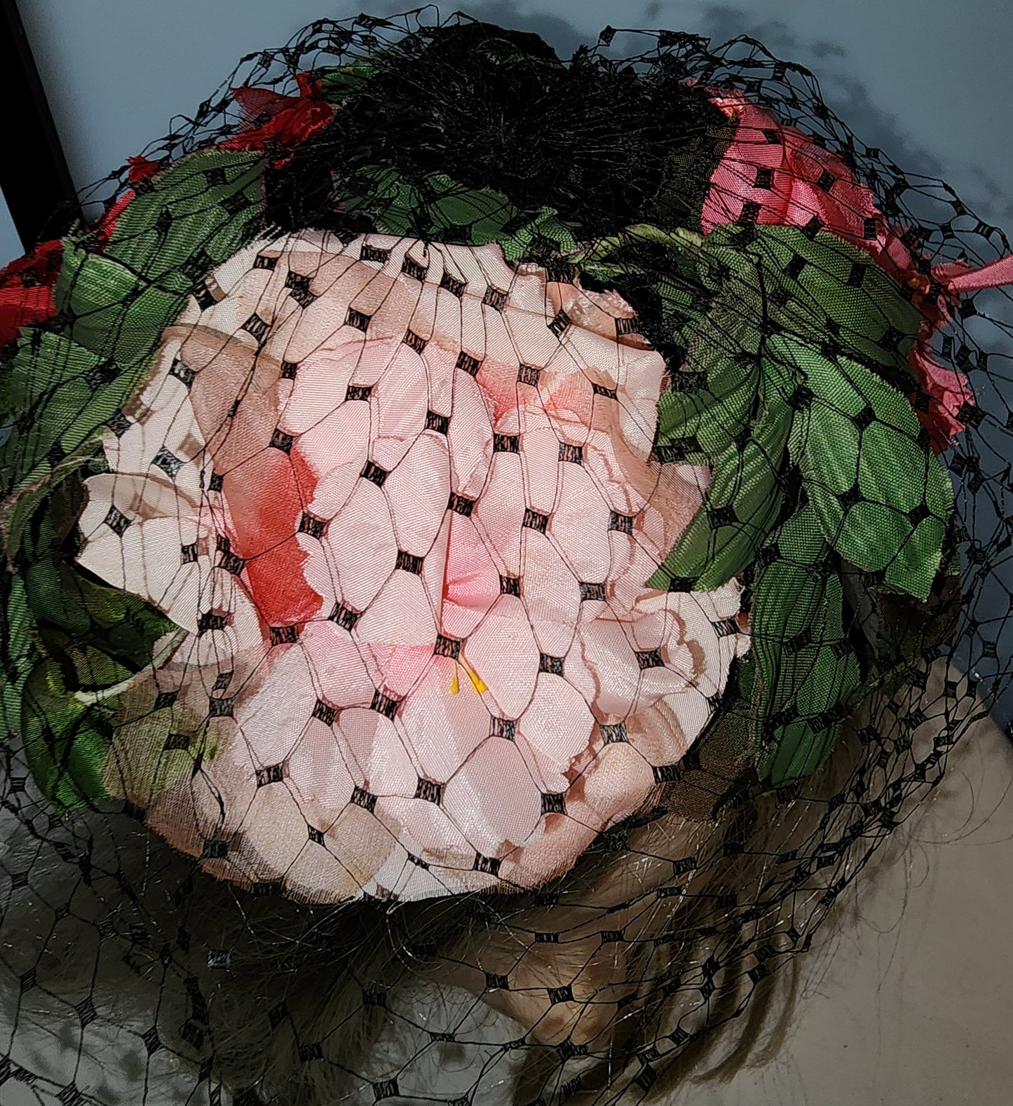 Vintage Floral Fascinator 1950s 60s Large Pink Red Floral Fascinator Hat Black Net Veil Mid Century
