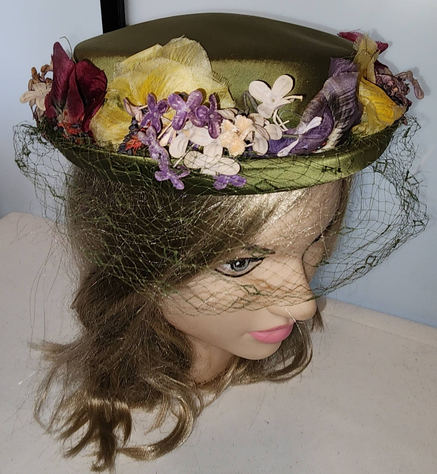 Vintage Floral Hat 1950s Round Chartreuse Olive Green Satin Hat Purple Yellow Magenta Faux Flower Trim Vincent de Koven Mid Century 21 in.