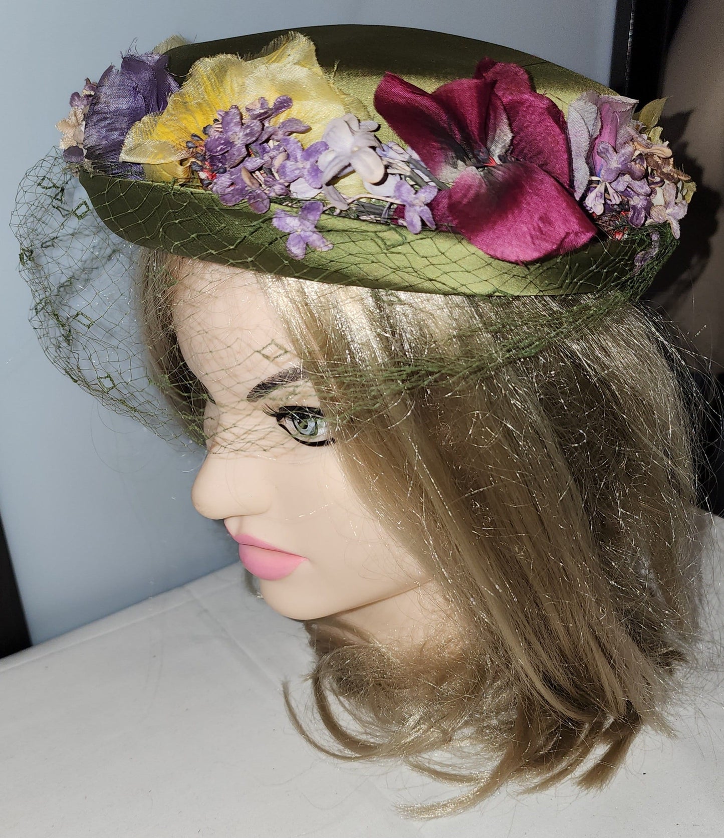 Vintage Floral Hat 1950s Round Chartreuse Olive Green Satin Hat Purple Yellow Magenta Faux Flower Trim Vincent de Koven Mid Century 21 in.